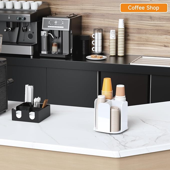 Beego Rotatable 4-Compartment White Acrylic Cup Dispenser - Coffee Station Cup and Lid Carousel Countertop Plastic Cup Holder for Restaurant Breakroom Coffee Bar - Image 5