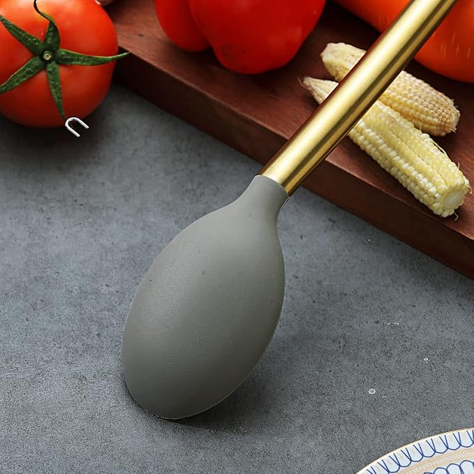 Berglander Non-stick Silicone Solid Serving Spoon, Titanium Gold Plating handle, Basting Spoon, Dishwasher Safe, Easy to Clean - Image 5