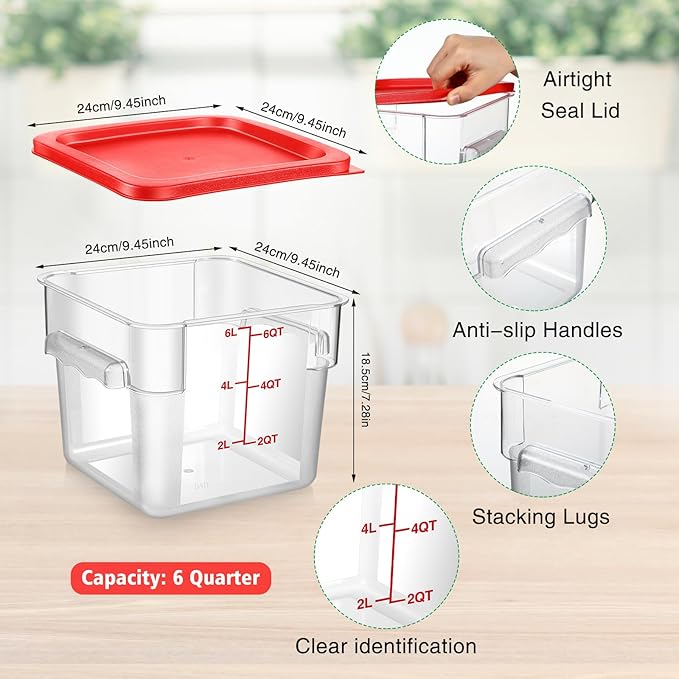 2 Pcs Square Food Storage Container Polycarbonate Clear Food Container with Red Lid Commercial Rice Storage with Red Graduations for Commercial Kitchen (6 Qt) - Image 2