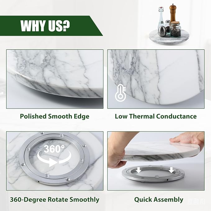 Marble Lazy Susan, 12” Lazy Susan for Table Top Detachable Turntable Organizer for Cabinet Pantry Kitchen Countertop Fridge Bathroom Makeup Vanity Countertop, Arabescato - Image 3