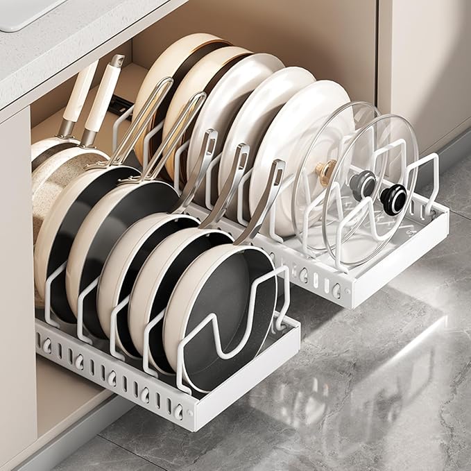 pots and pans organizer under cabinet,pot lid organizers inside cabinet holders for kitchen,Horizontal and vertical pulling modes,cast iron storage ((2pcs) White vertical) - Image 2