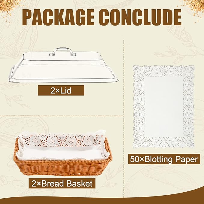 Mumufy 2 Packs Bread Baskets for Serving with Lid 14.17x10.24x2.56'' Imitation Rattan Fruit Storage Basket, and 50 Pcs Food Blotting Sheets for Baker Gift, Kitchen Counter Organization, Bread Display - Image 3