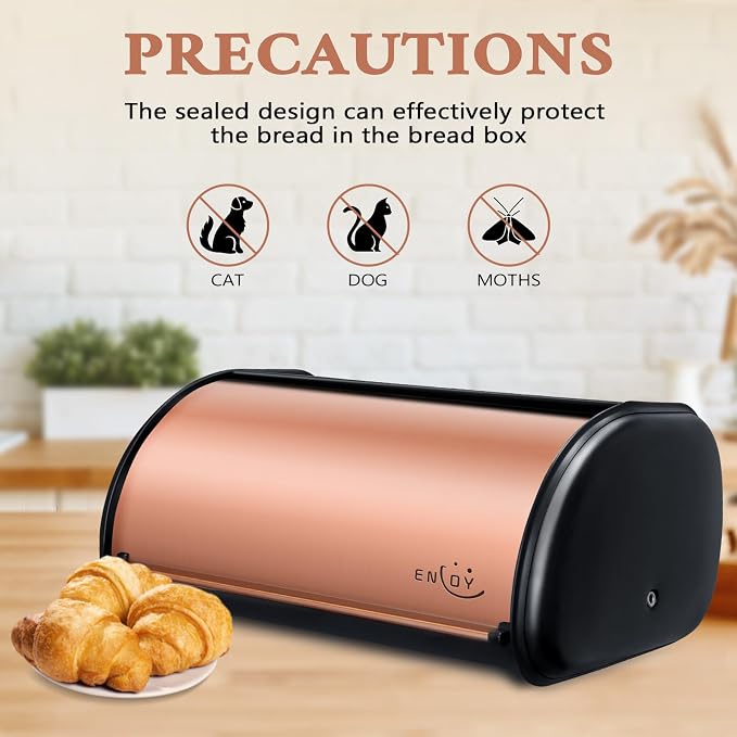 ENLOY Bread Box for Kitchen Countertop, Stainless Steel Bread Storage Bin for Kitchen with Roll Up Lid, Large Capacity Bread Keeper Holds Large Loaves of Bread (Rose Gold) 17 x 11 x 7 IN - Image 4