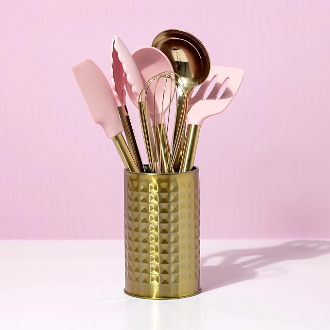 Paris Hilton Kitchen Set Tool Crock with Silicone Cooking Utensils, Stainless Steel Whisk and Ladle, 7-Piece, Pink and Gold - Image 8