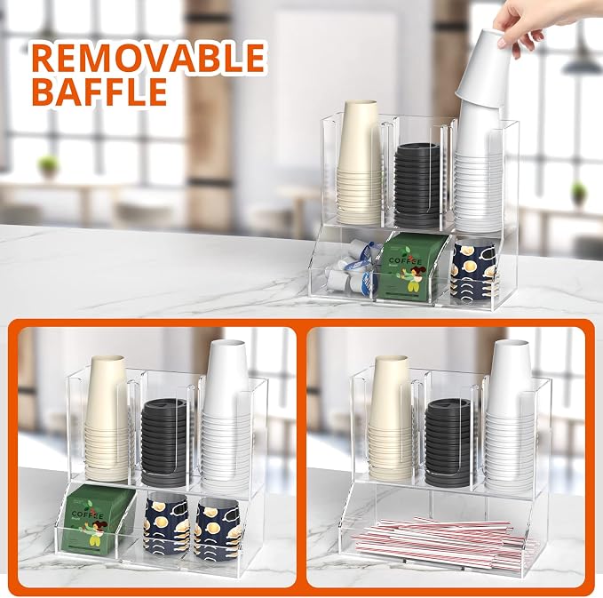 Richboom Cup and Lid Organizer, 6 Compartments with 2 Removable Dividers Coffee Station Countertop Cup Dispenser Condiment Organizer Accessories Caddy for Breakroom, Office, Home - Clear - Image 6