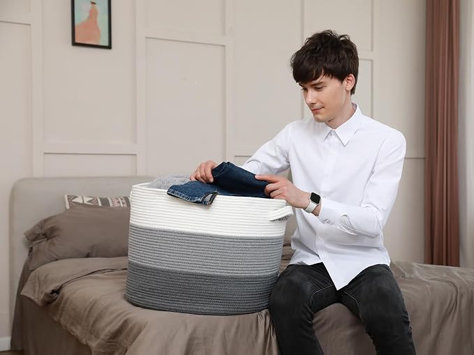 20x15 Inch Extra Large Round Cotton Rope Storage Basket with Lid, Decorative Woven Bin with Cover for Living Room Bedroom Closet, Light Grey & Grey - Image 2