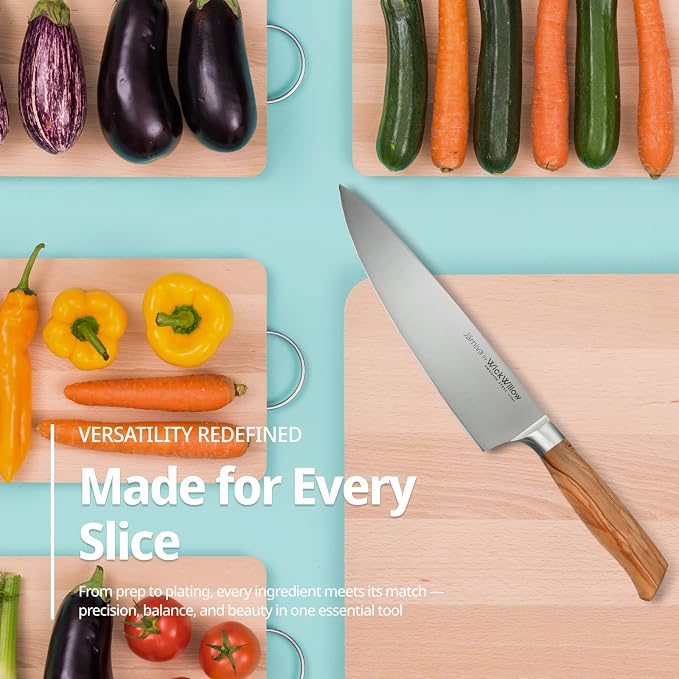 WICKWILLOW 8” Chef Knife – Swedish Steel, Professional, Olive Wood | Ideal for meat, vegetables and daily prep. Hand wash only. Gift box included. | Jarniva Series - Image 8