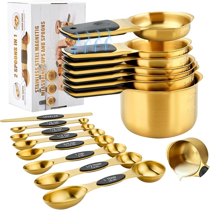 Stainless Steel Magnetic Measuring Cups and Spoons Set of 15 | Double Sided for Dry and Liquid Ingredients, BPA Free, Rust Resistant,Dishwasher Safe with Leveler for Baking and Cooking by Ununpentium