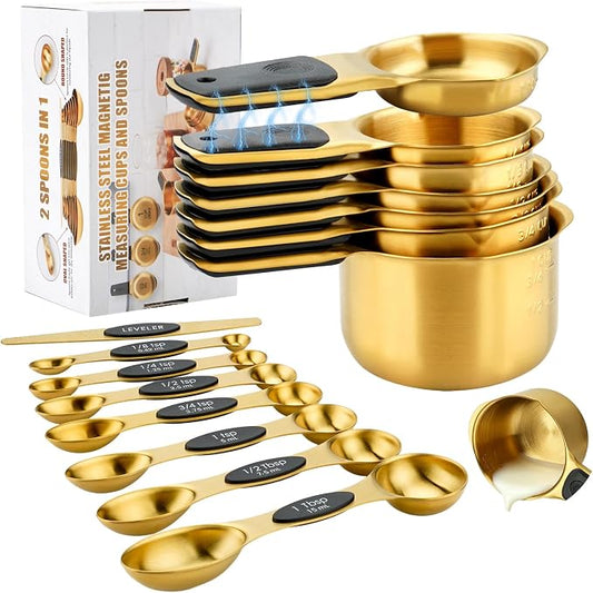 Stainless Steel Magnetic Measuring Cups and Spoons Set of 15 | Double Sided for Dry and Liquid Ingredients, BPA Free, Rust Resistant,Dishwasher Safe with Leveler for Baking and Cooking by Ununpentium