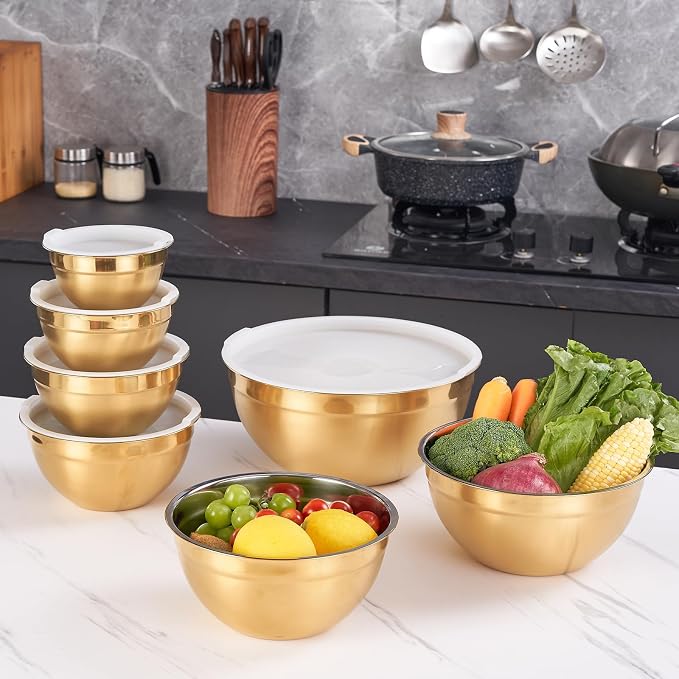 Gold Mixing Bowls with Airtight Lids, Stainless Steel Nesting Mixing Bowls Set of 7, Ideal for Baking, Prepping and Serving Food, Size 7, 3.6, 2.7, 2.1, 1.5, 1.1,0.8 QT, Stackable Design - Image 7