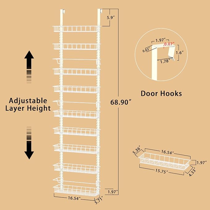 Churboro 9 Tier Over Door Pantry Organizer, 2-in-1 Adjustable Spice Rack | Metal Pantry Door Organizers and Storage, Hanging or Wall Mount Shelves with 9 Adjustable Baskets, 3 Safety Bars, White - Image 2