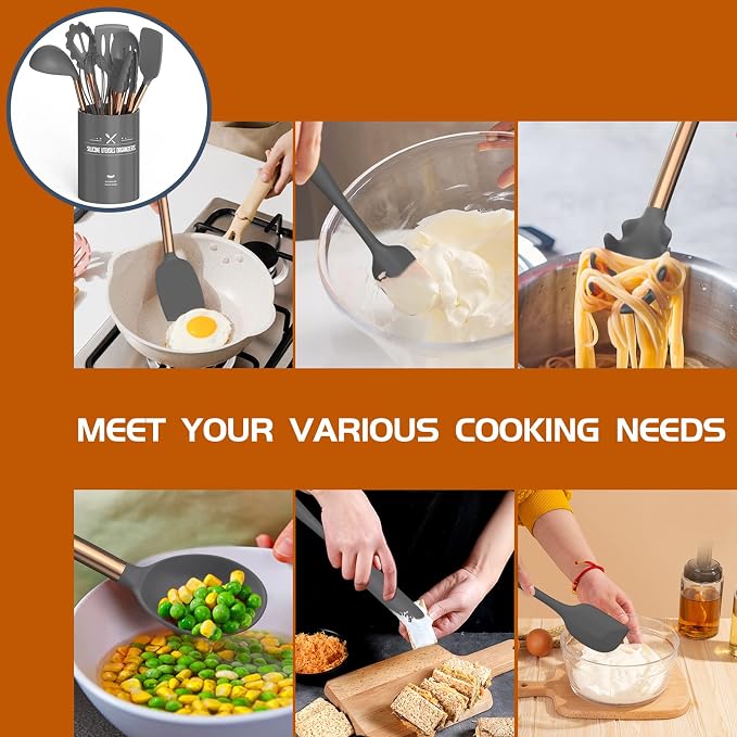 Silicone Cooking Utensil Set, Umite Chef Kitchen Utensils 15pcs Cooking Utensils Set Non-stick Silicone Rose Gold Handle Cooking Tools Whisk Kitchen Tools Set -Grey - Image 4