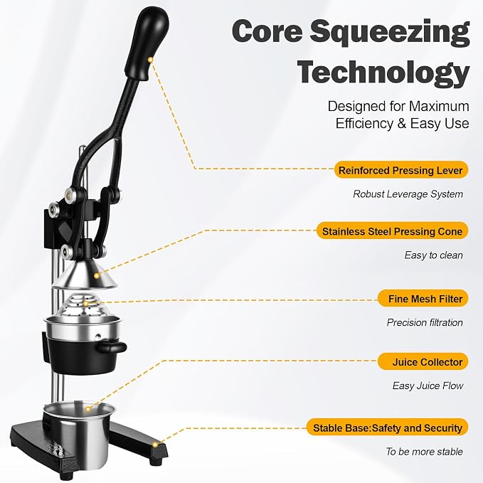 Lemon Squeezer Manual Citrus Juicer Press, Heavy Duty Cast Iron Orange Juicer with Stainless Steel Cone, Commercial Lever Juice Press for Lemon, Lime & Citrus Fruits, Easy to Clean - Image 3
