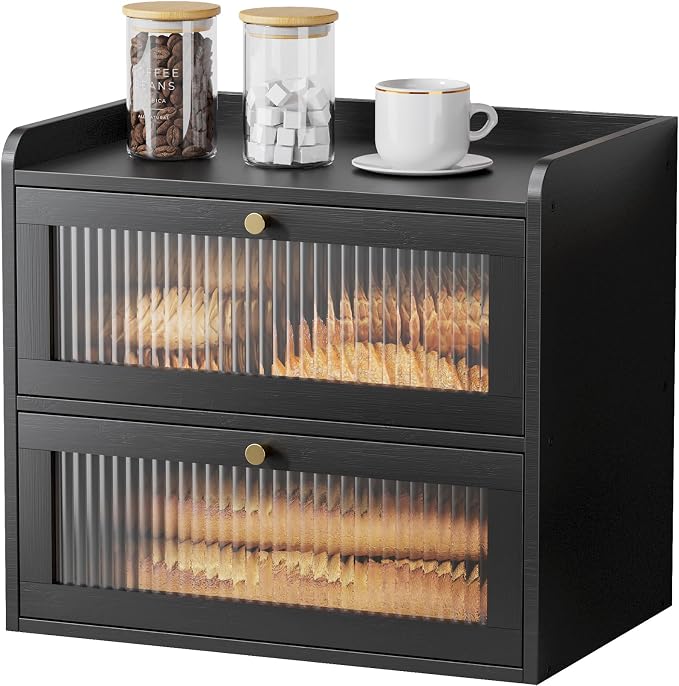 Kitsure Wooden Bread Box for Kitchen Countertop, Large Capacity, Black | 2-Tier Bamboo Bread Container, Bread Storage Container with Magnetic Acrylic Door, Pantry Organizers and Storage for Loaves by Kitsure