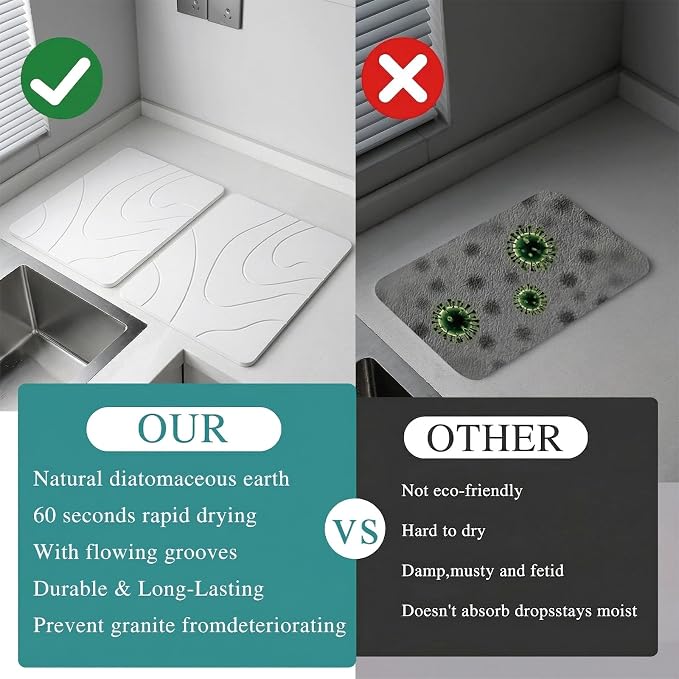 2 Pack Stone Drying Mat for Kitchen Counter,(White, 16''x12'') | Quick Dish Drying Stone Mat Kitchen,Stone Dish Drying Mat,Quick-Dry Absorbent Bath & Countertop Stone Dishes Mats - Image 7