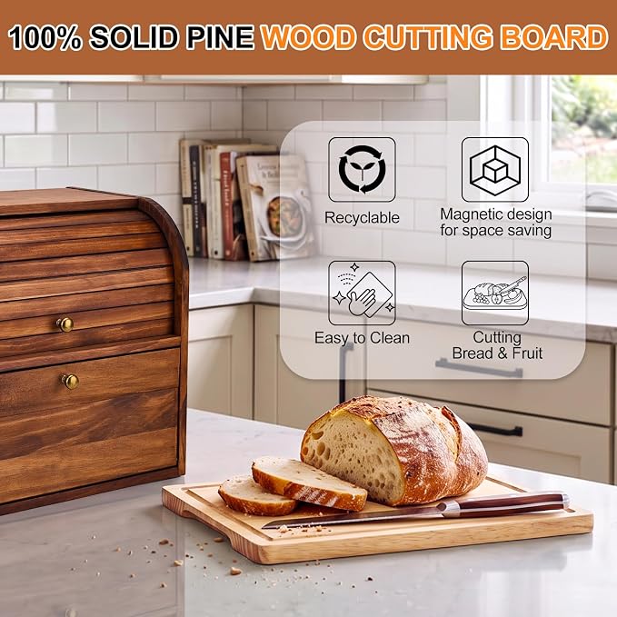Alpeir Roll Top Bread Box with Cutting Board for Kitchen Countertop, Brown | Large Breadbox with Ventilation Holes, Double Layer Pantry Shelf, Wooden Homemade Bread Storage Container, Vintage Farmhouse - Image 6