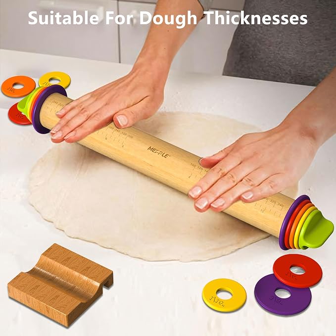Rolling Pin with Thickness Rings,13.6''Dough Roller&Stand Fit Uniform Dough | Mepple Precision Wood Roller Rod with 4 MultiColor Measuring Rings for Fondant Cookies Pizza Pie Making At Home or Pro Bakers - Image 2