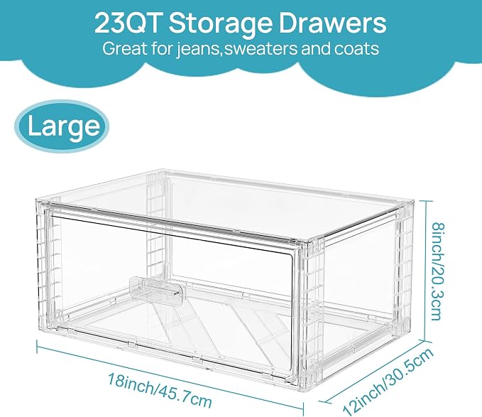 Vtopmart 2 Pack Large Clear Stackable Storage Drawers for Closet, 23QT | Easily Assemble Plastic Closet Storage Bins, Dust-Proof UnderBed Organizer for Clothing Underwear T-shirt Organization - Image 3