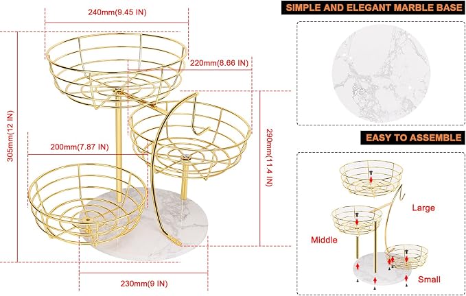 Livabber Fruit Basket Bowl with Banana Hanger, Metal Fruit Vegetable Storage Basket with Banana Holder for Kitchen Counter, Detachable Organizer for Bread Snack Produce (Gold, 3-Tier Marble Base) - Image 2