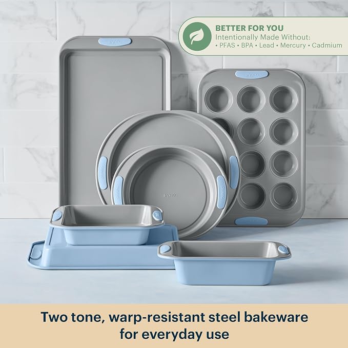 Pyrex 8-Piece Metal Bakeware Set with Heatsafe Silicone Handles, Cerulean | Lightweight stainless steel baking trays with heatsafe silicone handles, made without PFAS, mercury, lead, cadmium & BPA - Image 3