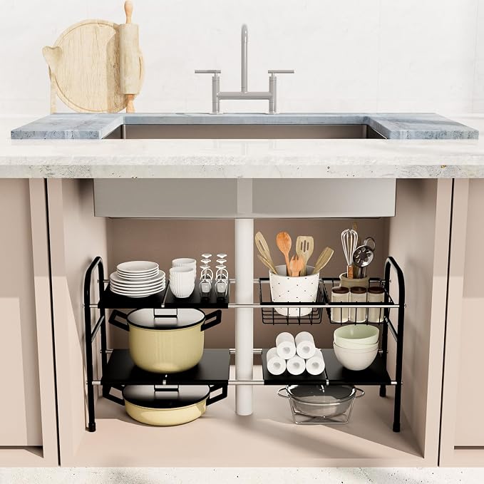 HCSH&WILL 2 Pack Under Sink Organizer, 2 Tier Expandable Black Under Cabinet Storage Shelf with 6 Removable Panels and 2 Baskets, Expandable Shelf for Cupboard, Kitchen, Bathroom, Shoe Rack - Image 2
