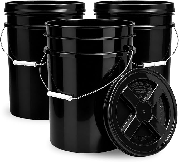 5 Gallon Bucket - Food Grade w/Lid BPA-Free, Black/Black, 3 | Airtight Gamma Seal Screw-On Lid, Heavy-Duty 90 Mil HDPE Plastic, Food Safe and Durable Container, Bulk Storage, Made in USA by ePackageSupply