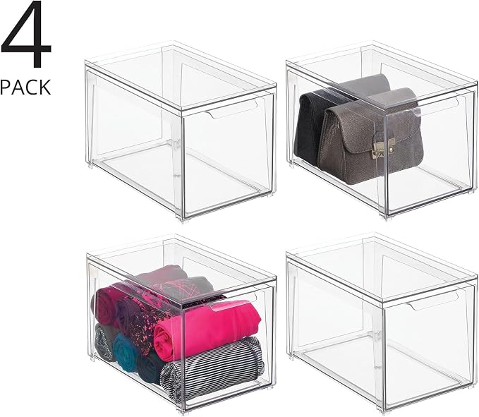 mDesign Plastic Stackable Closet Storage Organizer Bins with Pull Out Drawer for Cabinet, Desk, Shelf, Cupboard, or Dresser Organization - Lumiere Collection - 4 Pack - Clear - Image 2