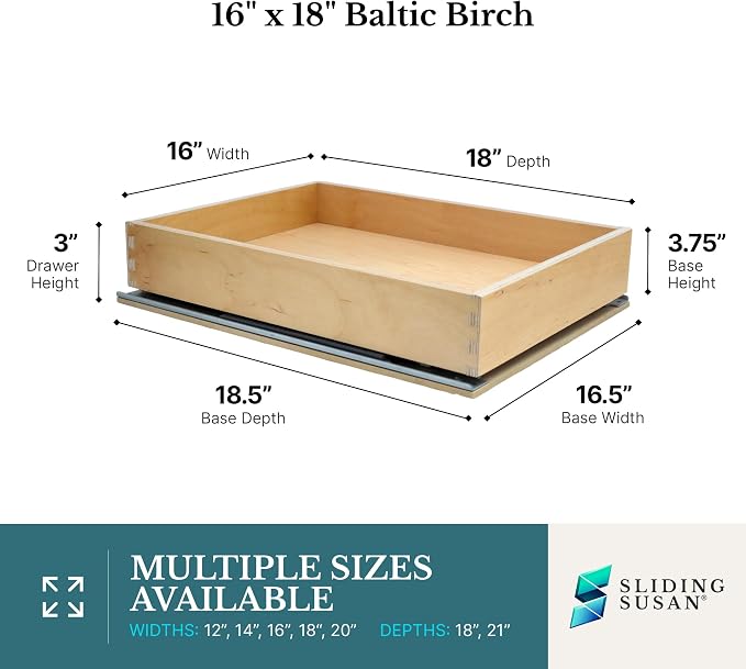 Baltic Birch Pull-Out Cabinet Drawer Organizer 16" W x 18" D | Heavy Duty (100Lbs) Wooden Pullout Inserts, Soft Close Sliding Shelf for Kitchen Cabinets, Pantry, Storages - Fully Assembled - Image 2