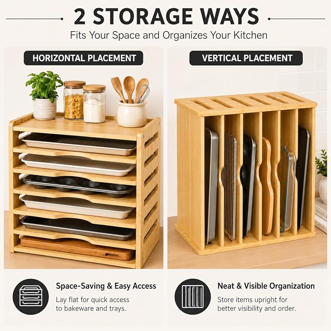 7 Tier Wooden Tray Dividers for Cabinets, Cookie Sheet Organizer | Sheet Pan Organizer for Cabinet, Baking Sheets, Cutting Boards and Pans, Space-Saving Kitchen Organization - Image 3