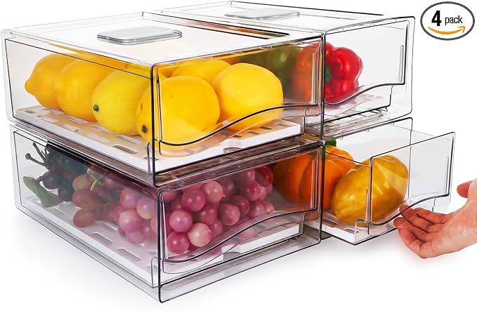 4Pack Fridge Organizer, Stackable Refrigerator Organizer Bins, Reusable Food Storage Containers, BPA-Free with Drain Tray for Bathroom, Kitchen, Refrigerator, Pantry (4 Drawers, Large, Medium) by Ovveroche