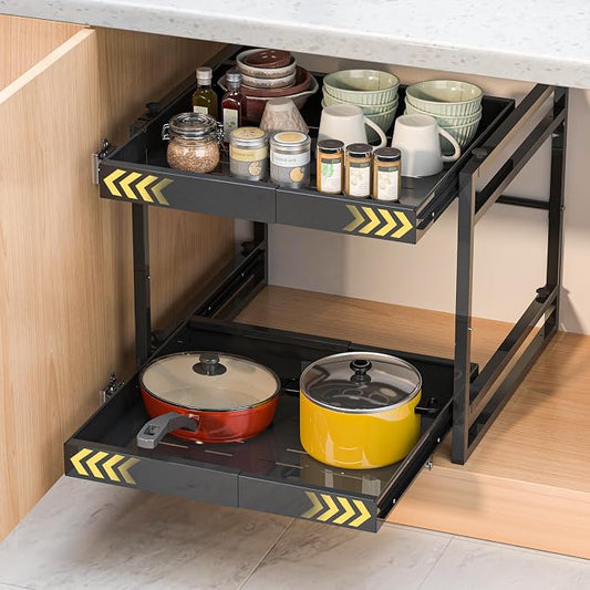 2 Tier Pull Out Cabinet Organizer, 21 inch Depth Slide Out Shelves | Expandable 14"-22.5" Wide, Heavy-Duty Cabinet Drawers for Kitchen Pots, Pans & Pantry Storage, Black by REALINN