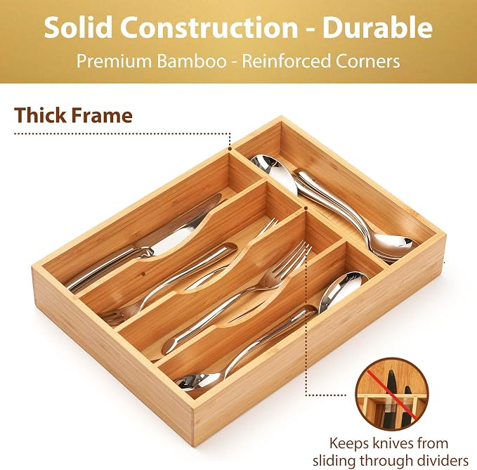 Kitchen Drawer Organizer, 10 Inch Silverware Utensil Tray Holder, Extra Deep, with Non-Slip Feet & Grooved Drawer Divider, 5 Slots Total Bamboo Wood Caddy for Flatware Cutlery Knives - Image 4