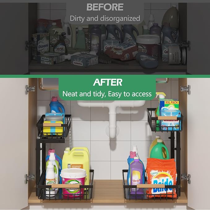 ADRIMER Under Sink Organizer 2 Packs, Pull Out Kitchen Sink Organizer, 2 Tier Slide Out Kitchen Organizers and Storage Bathroom Under Cabinet Storage Shelf, Black - Image 4