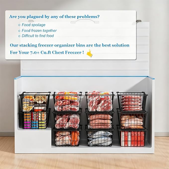 Stacking Freezer Organizer Bin Large Capacity Chest Freezer Baskets | Easy Get and Sort Deep Freezer Baskets for Frozen Meats Food Storage Containers, 4Pcs - Image 4