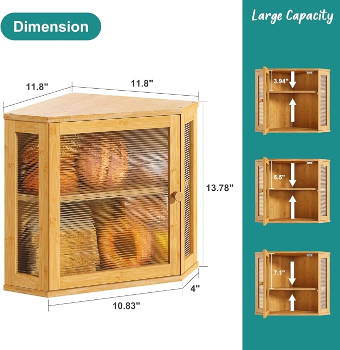 Corner Bread Box, Bamboo Bread Box for Kitchen Countertop, 2 Tier Wooden Bread Storage (Natural, Medium) - Image 3