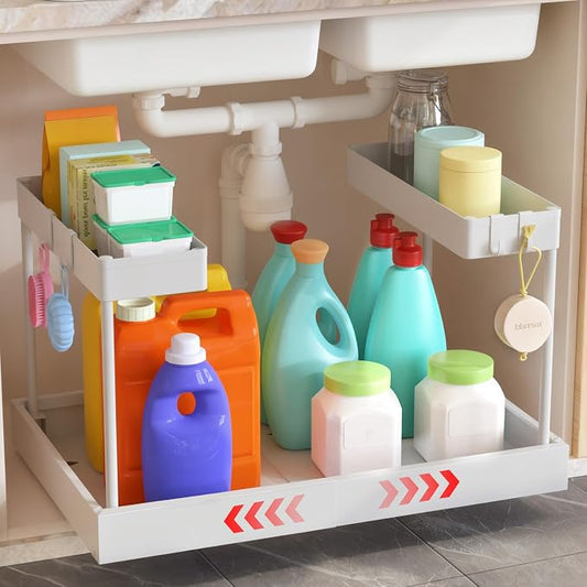 Expandable Under Sink Organizers and Storage,Width Adjustable (14.9-23.6IN),No Drill 2-Tier Pull Out Under Cabinet Organizer for Kitchen Bathroom Laundry White by Unknown