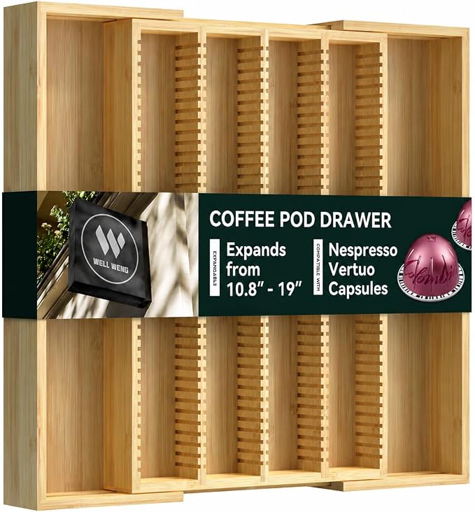 Large Expandable Bamboo Coffee Pod Drawer Organizer | 10.8" -19"W x15.67"Dx1.9"H, Compatible with Nespresso Vertuo Capsules, 40 Big or 52 Small Pods Holder for Counter by WELLWENG
