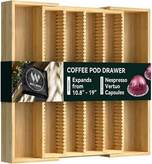 Large Expandable Bamboo Coffee Pod Drawer Organizer | 10.8" -19"W x15.67"Dx1.9"H, Compatible with Nespresso Vertuo Capsules, 40 Big or 52 Small Pods Holder for Counter by WELLWENG