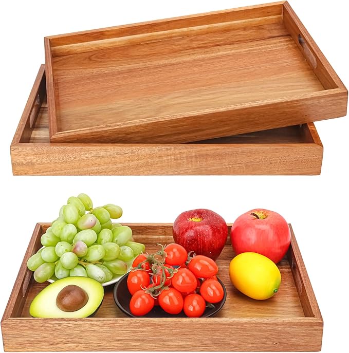 3 PCS Acacia Wood Serving Tray with Handles - 15 x 10 Inch Elegant Rectangle Wooden Tray for Food, Decorative Snack Tray, Breakfast and Kitchen Tray, Ideal Wooden Serving Platter for Homes by Geytetqi