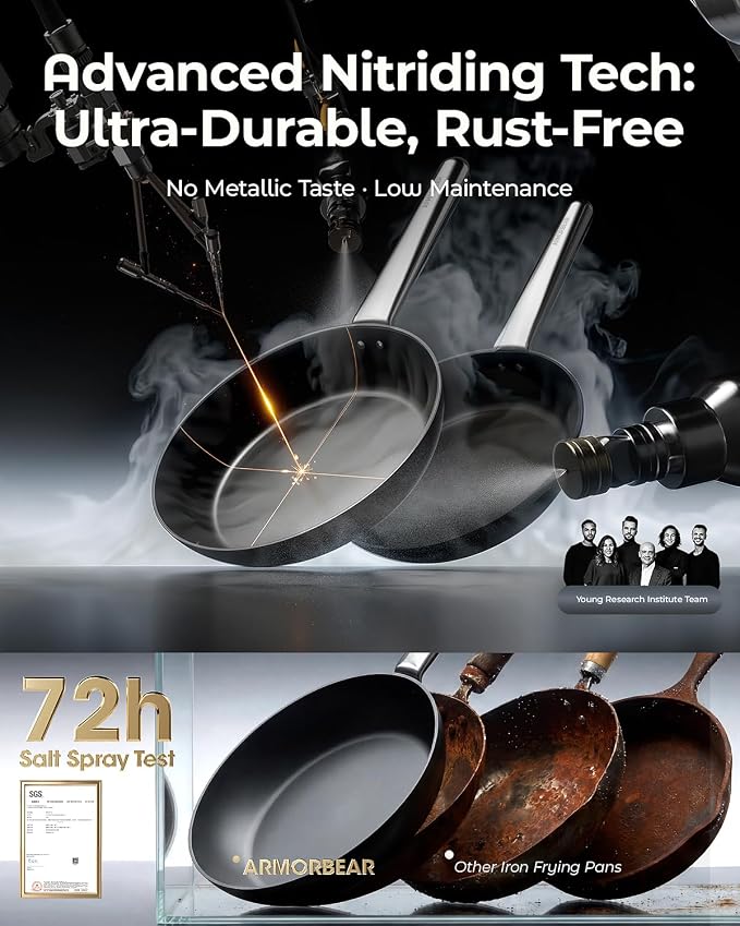 10 Inch Anti-Warp Carbon Steel Frying Pan, Nitrided Skillet | Pre-Seasoned, Works on All Cooktops, Oven Safe, Ideal for Indoor Kitchen Daily Cooking, Outdoor Camping, Chefs - Image 2