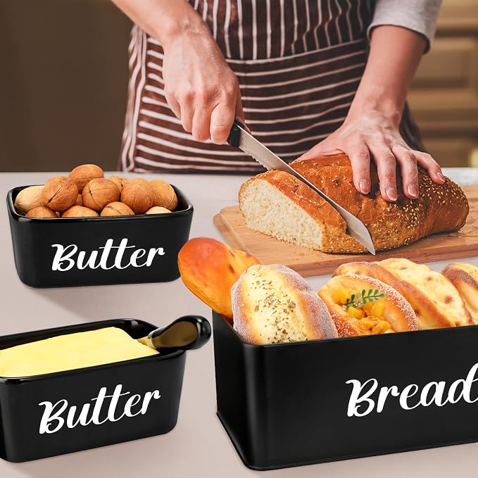 Hushee Metal Bread Box and Butter Dish with Bamboo Cutting Board Lid and Knife Bread Storage Container Breadbox for Kitchen Counter Butter Organizer for Kitchen Countertop Decoration(Black) - Image 4