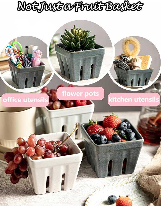 Gomakren Berry Bowl Set of 2, Ceramic Berry Basket, Square Fruit Bowls with Holes, Fruit Storage Containers for Kitchen Fridge, Cute Strawberry Basket for Berries, Grape, Cherry, Slate Blue - Image 5