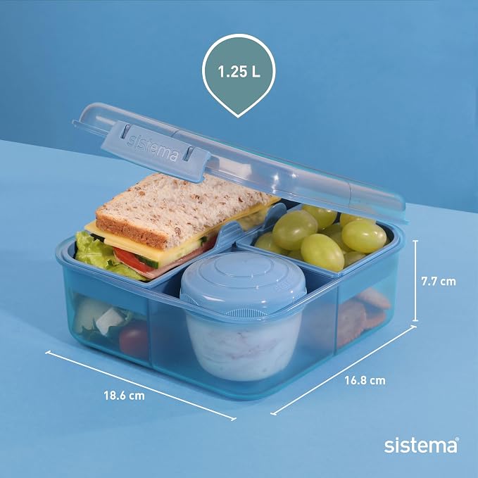 Sistema Ocean-Bound Plastic 1.25L Bento Box, Airtight & Stackable, School Lunch Box with 150mL Snack Pot, Freezer, Microwave, & Dishwasher-Safe, BPA-Free, Made with Recycled Plastic, Assorted Colors - Image 4