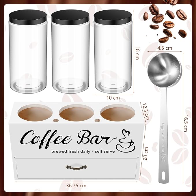 3 Pcs Coffee Bar Containers Set Include Coffee Sugar Container with Lid and Spoon and Double Layer Storage Box with Drawer for Bar Kitchen Countertop(White) - Image 2
