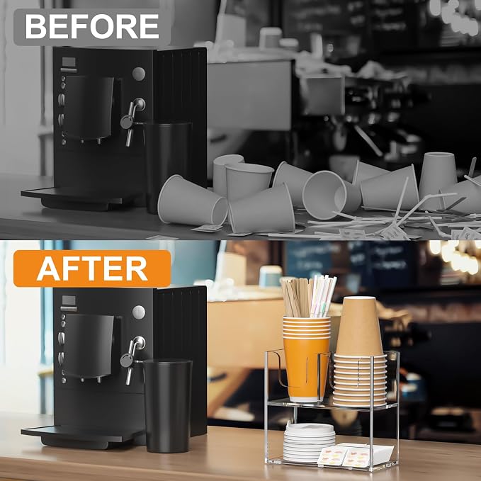 Beego 3-Compartment Cup Holder for Countertop - 2-Tier Clear Acrylic Cup Dispenser Coffee Station Paper Cup and Lid Organizer Condiment Storage for Restaurant Breakroom Kitchen Bar Accessories - Image 7