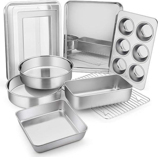 E-far Stainless Steel Baking Pan Set, 9-Piece Bakeware Sets for Cake Cookie Loaf Muffin, Include Round, Square, Rectangle Baking Sheet Pan with Lid & Cooling Rack, Dishwasher Safe by E-far