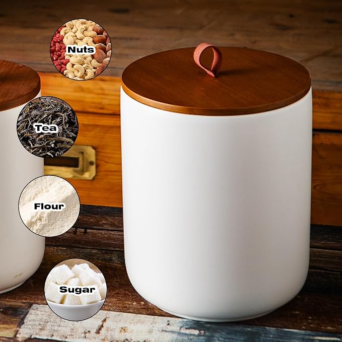 JOJUNO White Ceramic Food Storage Canister Set (30 oz, 48 oz, 82 oz) with Bamboo Lids, 3-Piece Airtight Jars for Flour, Sugar, Coffee, Tea, Oats, Spice – Kitchen Storage Containers with Lids - Image 3