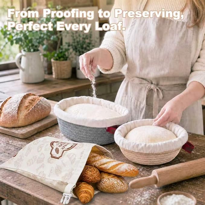 Cotton Rope Banneton Bread Proofing Basket with Beeswax Bag Set | 9''Round & 10''Oval, Washable Liners & Covers, for Artisan Bread Baking, for Sourdough Proofing, for Baking Gifts - Image 4