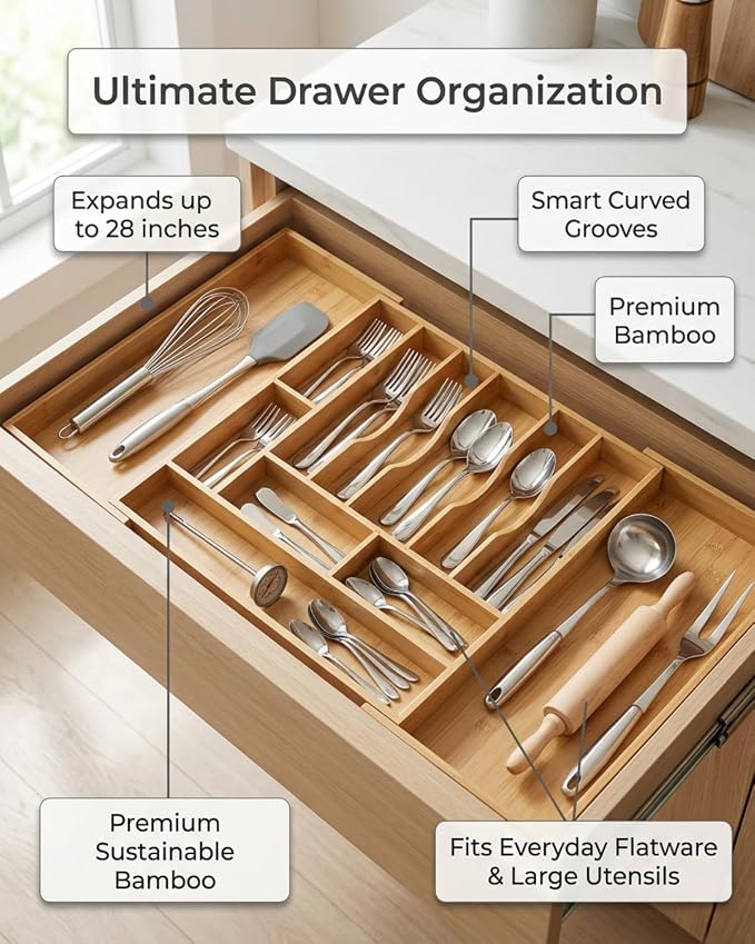 Expandable Bamboo Silverware Drawer Organizer – Adjustable 33" Wide Wooden Utensil Tray with 11-Compartments, Large Kitchen Flatware & Spoon Holder, Natural Solid Wood for Drawers - Image 3