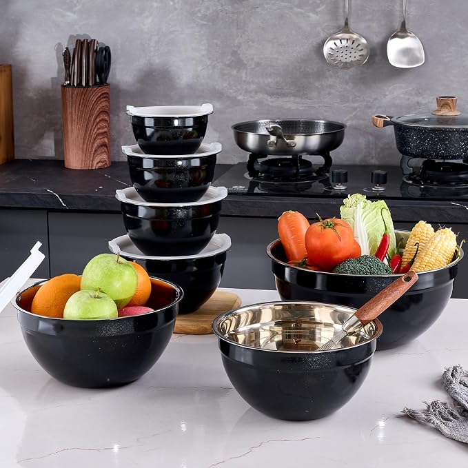 Black Mixing Bowls With Airtight Lids,Stainless Steel Bowl,Salad Bowls 7 Piece Colorful Nesting Bowl Black Kitchen Accessories,Size 7,3.6,2.7,2.1,1.5,1.1,0.8QT Stackable Design - Image 7